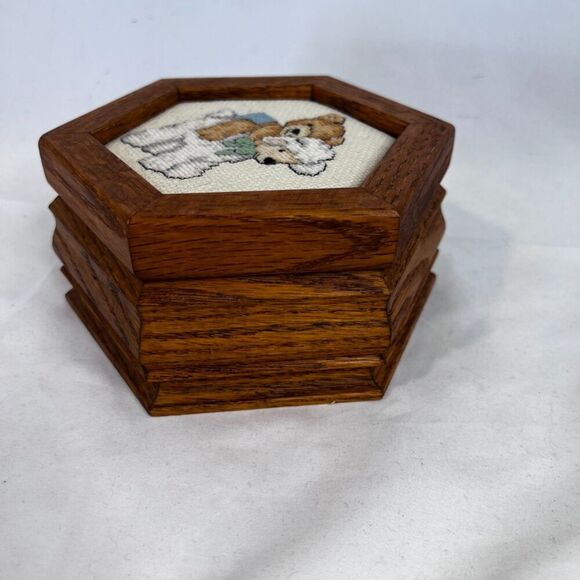 Cross Stitch Bear & Lamb Wood Hexagonal Trinket Jewelry Keepsake Box - Picture 2 of 11